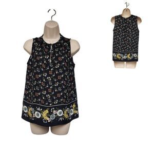 Loft Crew Neck Sleeveless Floral Top Blouse, Multi-Color Black Size PXS
